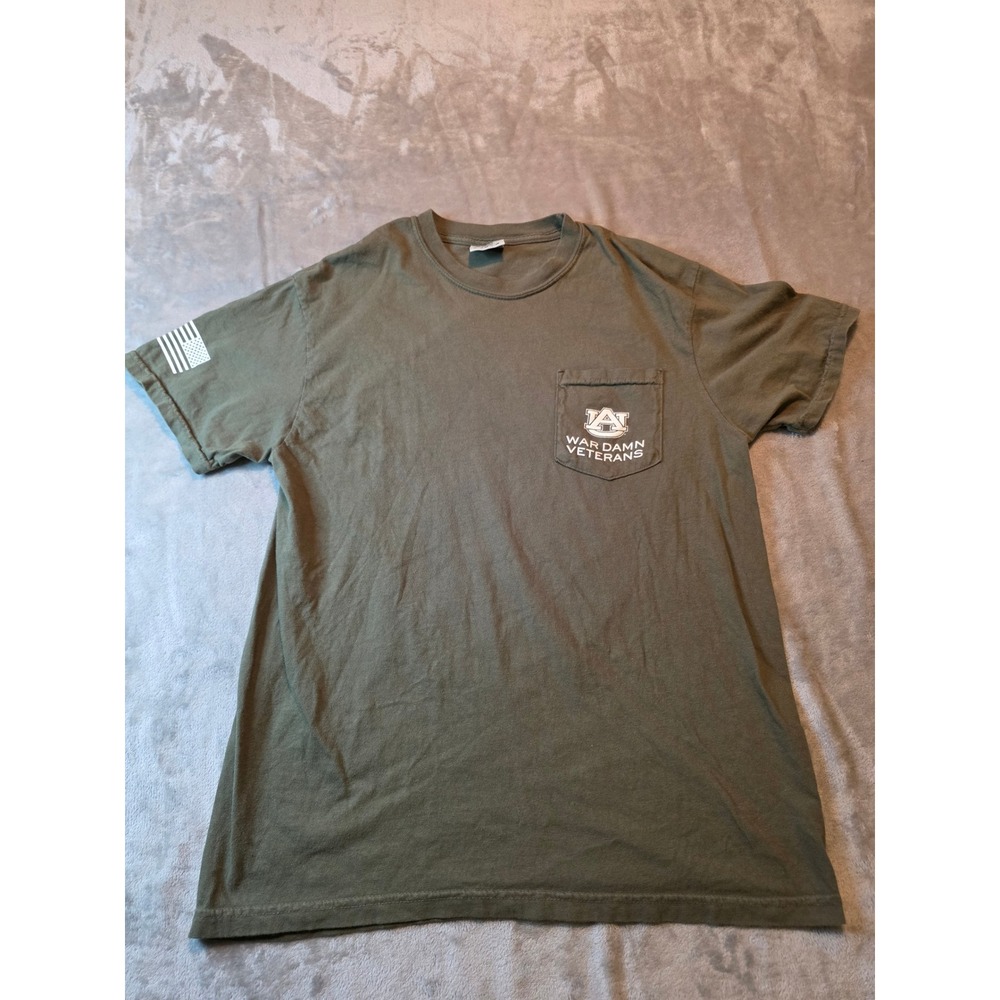 Comfort Colors T-Shirt Mens Medium Green Auburn War Damn Veterans Graphic Pocket